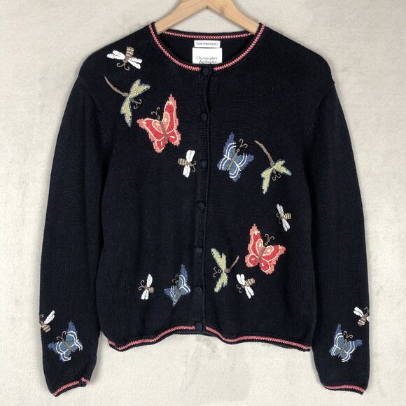 VTG‎ Christopher & Banks Embroidered Cardigan Sweater Sz L Blue Cotton Silk - Picture 1 of 11